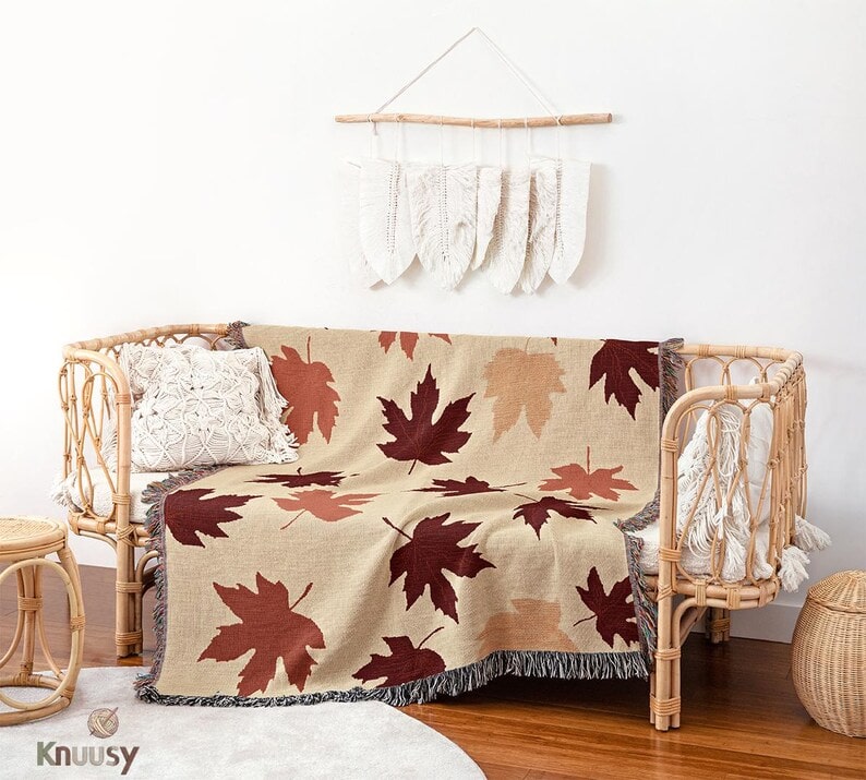 Autumn cottagecore burgundy styles cotton woven blankets-maple-design-living-room