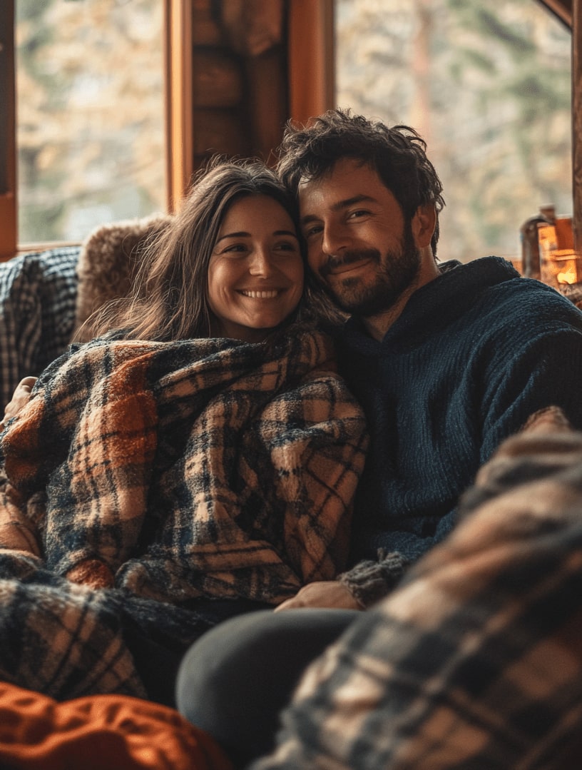 cassy and john founder of knuusy blankets sitting on boho couch